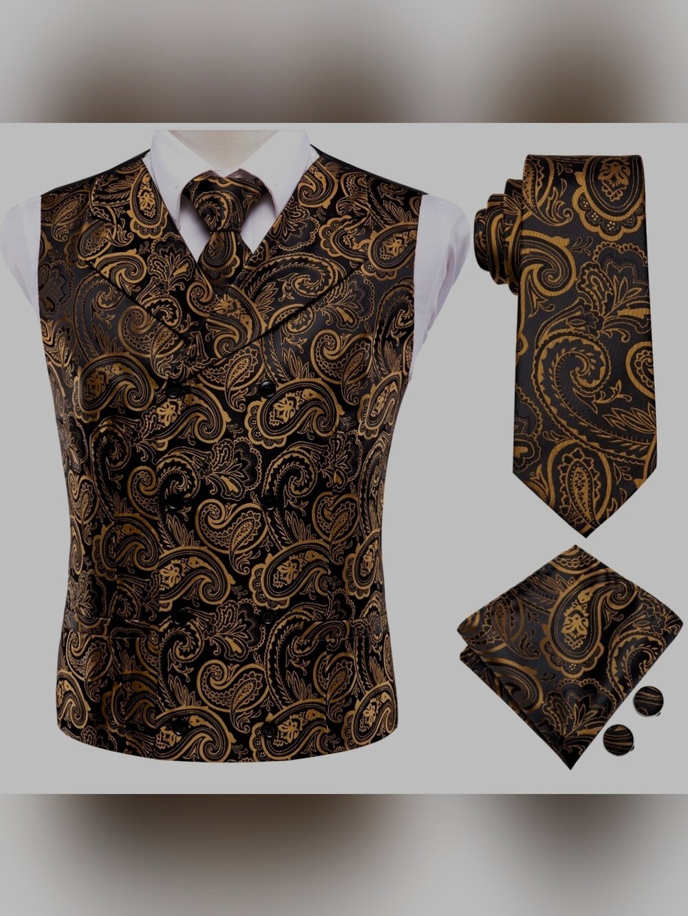 Gold Paisley Double Breasted Vest Tie Cufflinks Set • 42R/Large